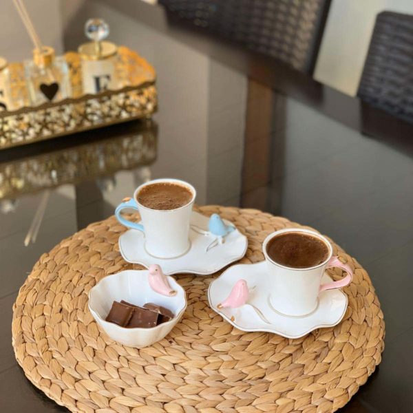 Turkish coffee in nice cups with sweet little birds, Turkish coffee, kahve sunumu, Türk kahvesi